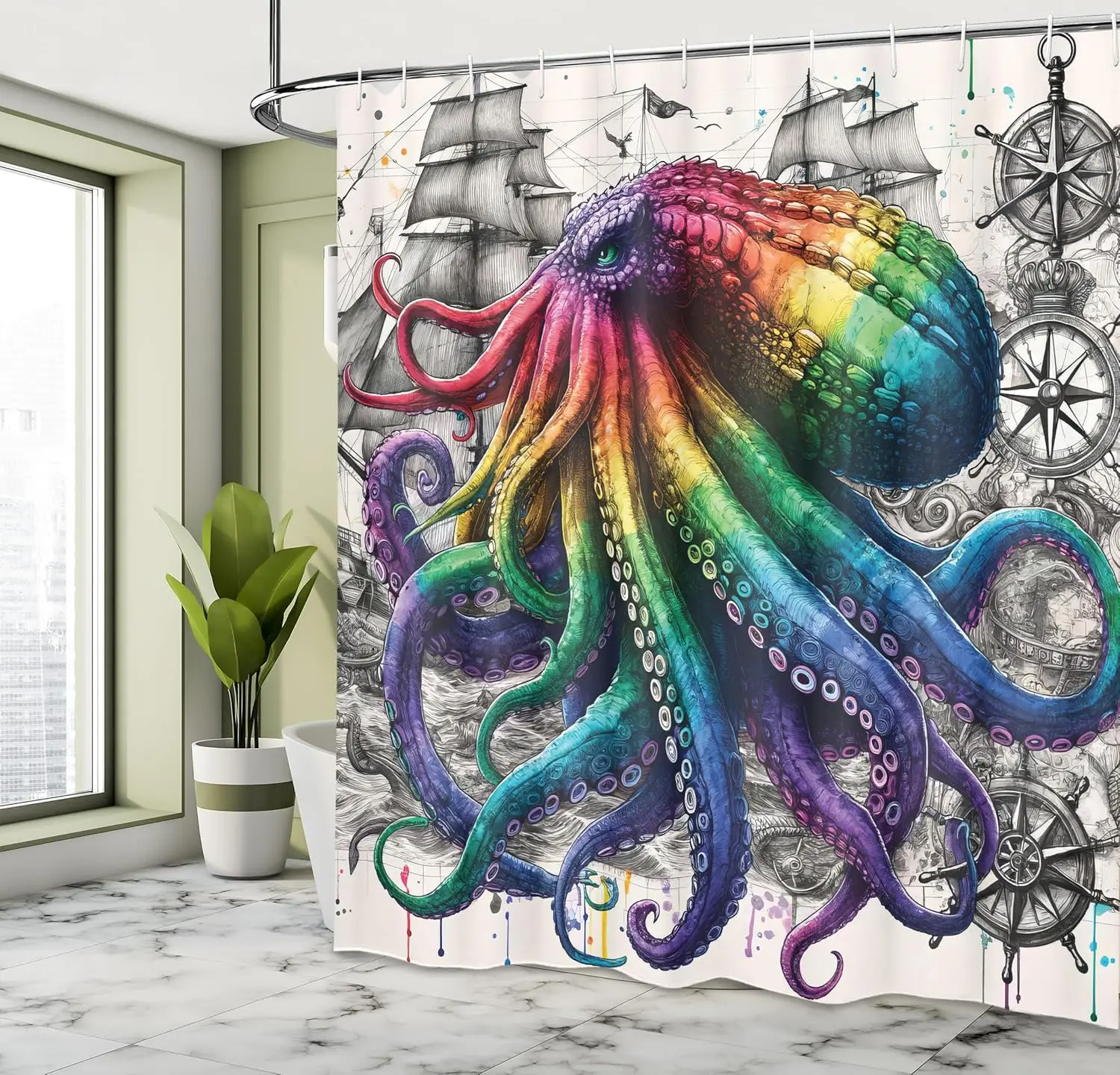 Colorful Shower Curtain, Oceanic Horror Vibe Kraken Monster with Compass and Sailing Ship Sketchy, Cloth Fabric Bathroom Decor