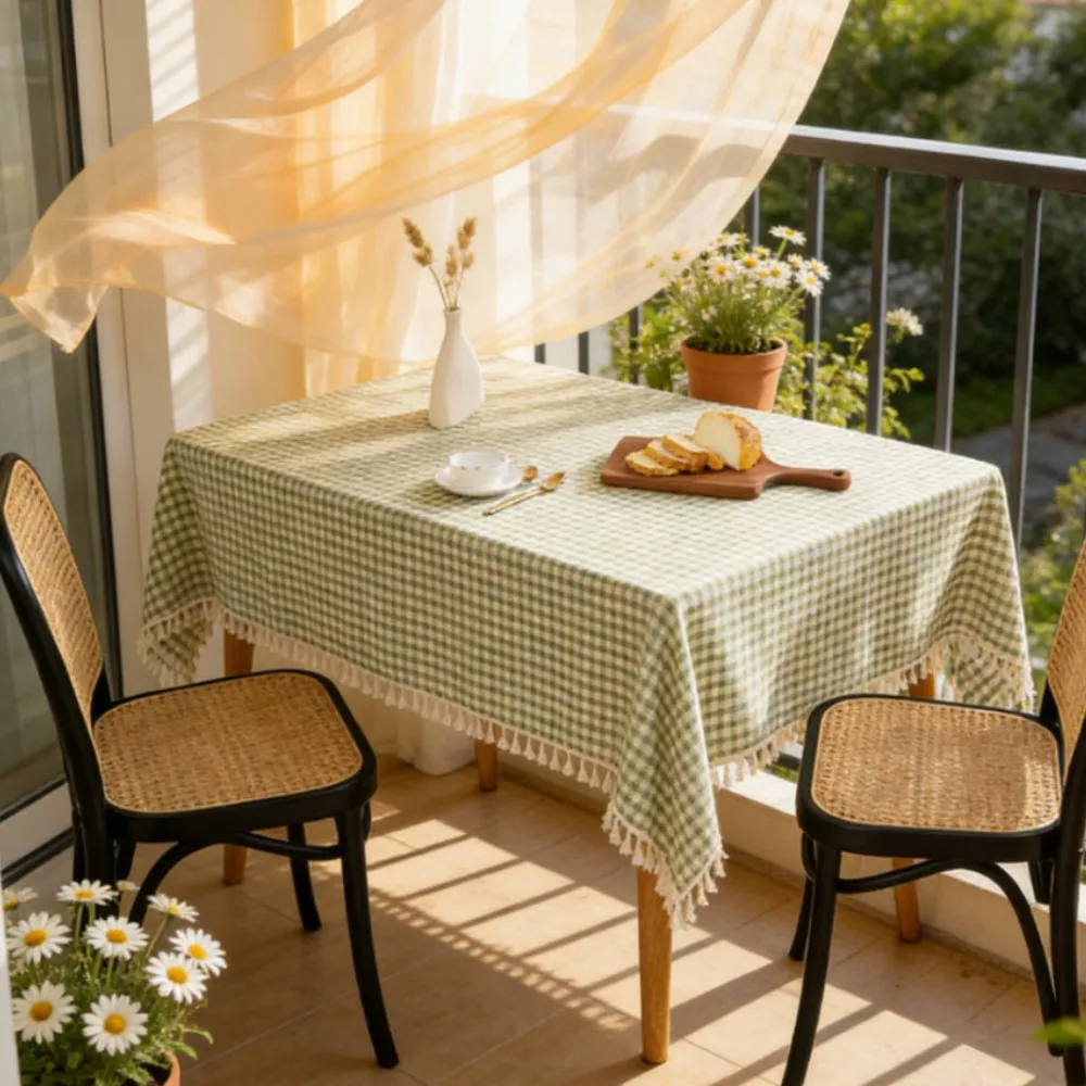 Mint Green Small Check Pattern Country-Style Rectangular Tablecloth with Beige Tassel Festive Decorative Gift Table Cover