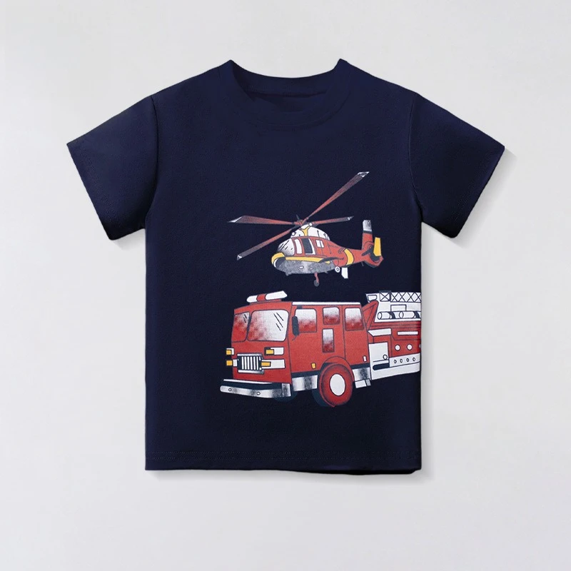 

Summer 2025 New Kids Cartoon Vehicle Print Short Sleeve T-Shirt Clothing Boys Casual Fashion