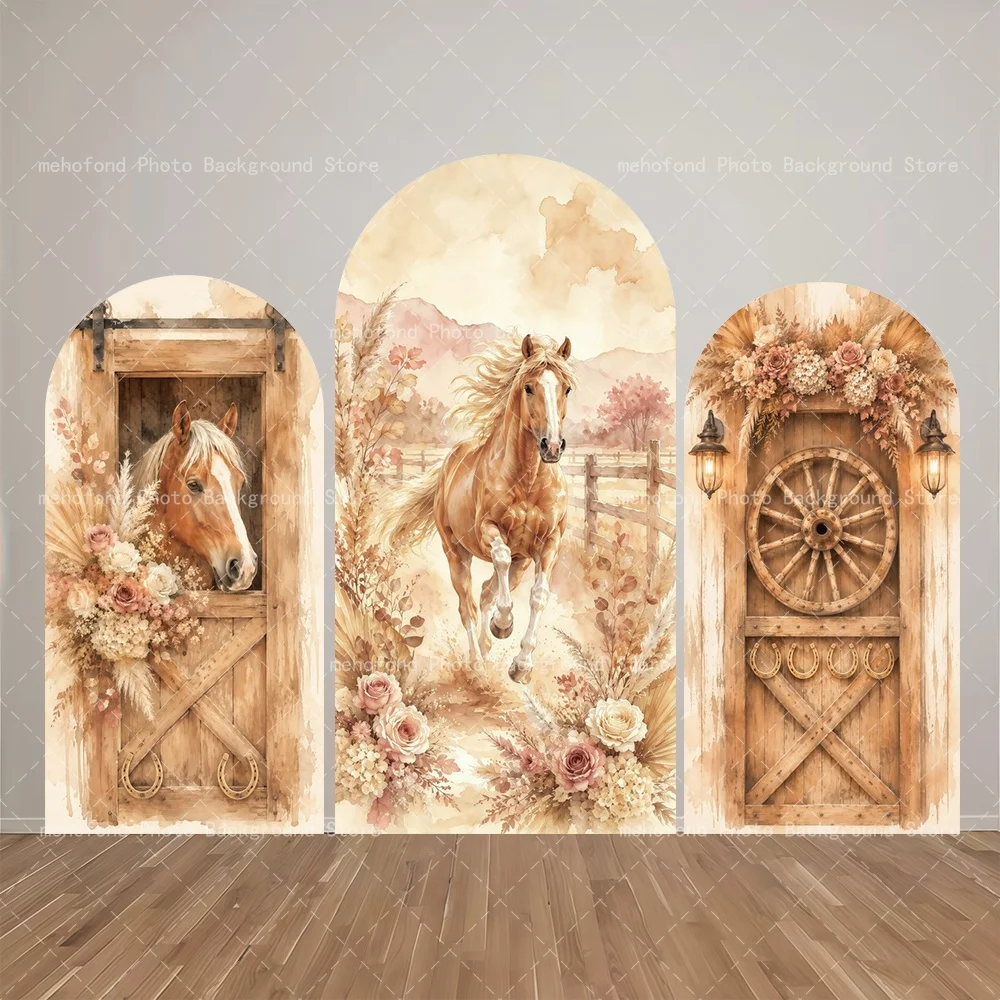 Mehofond Light Gold Brown Steed Soft Arch Backdrop Warehouse Door Retro Wooden Carriage Wheel Birthday Wedding Background Decor