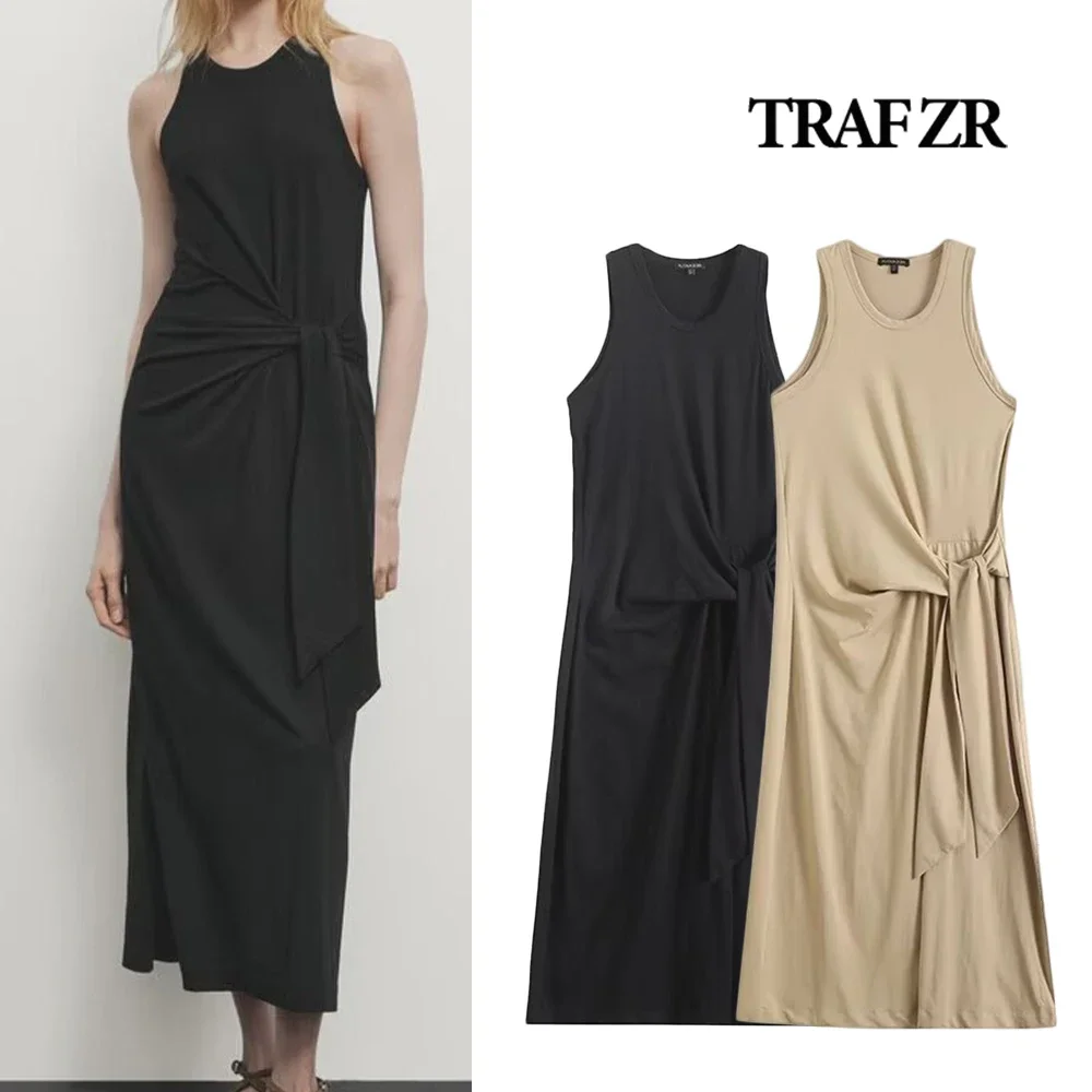 TRAF ZR elegante abito canotta Chic con scollo a o con spalline larghe nodo Vintage moda estate prendisole alla caviglia increspato in vita