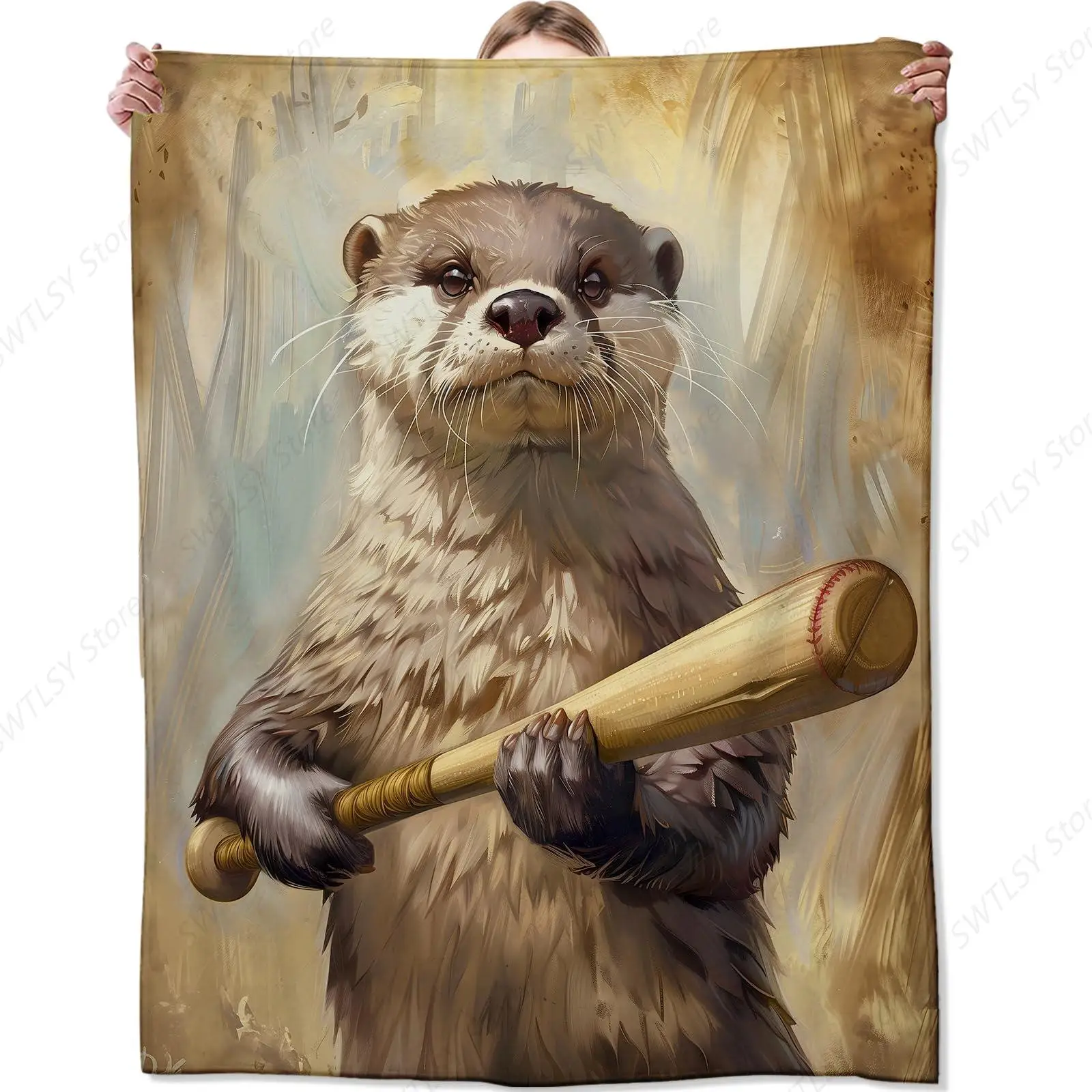 Otter Blanket,Gifts for Humor Lovers,Lightweight Flannel Throw Blankets,Cartoon Animal with Baseball Bat Throws Home Decor
