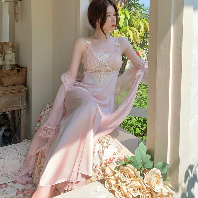 Summer Lace Sling with chest pad Bathrobe Set Women Silky Satin Nightgown Suit Spring Kimono Gown Sleepwear Nightdress