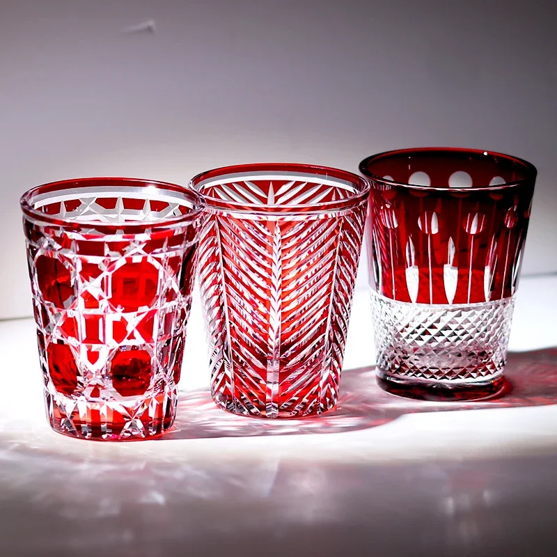 Red Handmade Highball Glass - Modern Cut Crystal Cocktail Tumbler - Art Glass for Whiskey, Iced Tea, Juice - 300ml