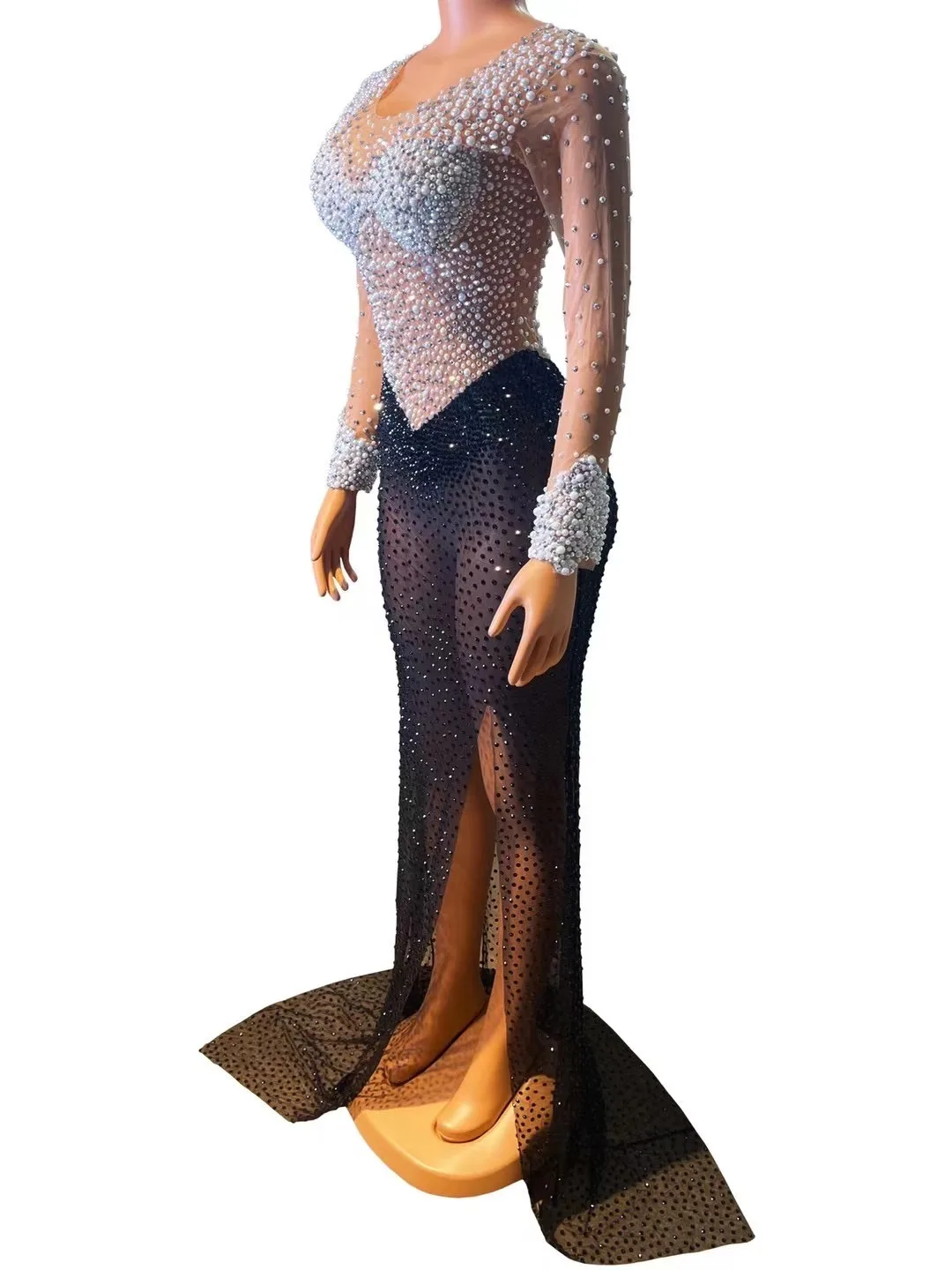 New Shiny White Pearls Black Stones MESH Costume Birthday Celebrate Long Train Dress Prom Party Stage Wear Female Singer Dresses