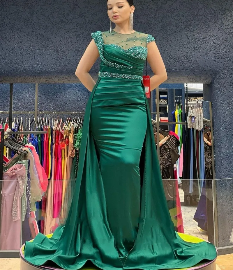 Vestido De noche elegante para mujer, prenda De satén con cuentas De sirena y cuello redondo, color negro y verde, estilo árabe, Dubái