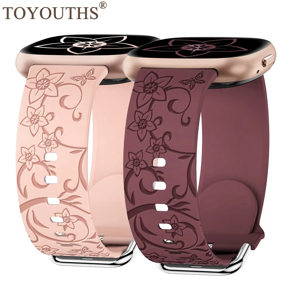 TOYOUTHS Wildflowers Floral Engraved Band for Fitbit Versa 4/Sense 2/Versa 3/Sense Soft Silicone Watch Strap for Women