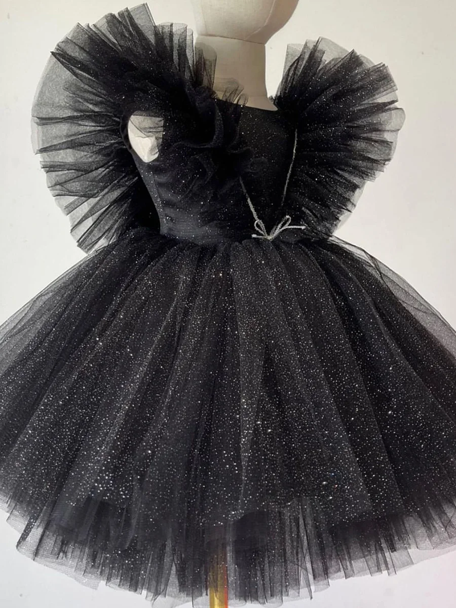 Customized Shiny Black Flower Girl Dress Party Kids Birthday Princess Lace Fluffy Short Tulle Pleat Dresses 2024 Bow Ball Gown