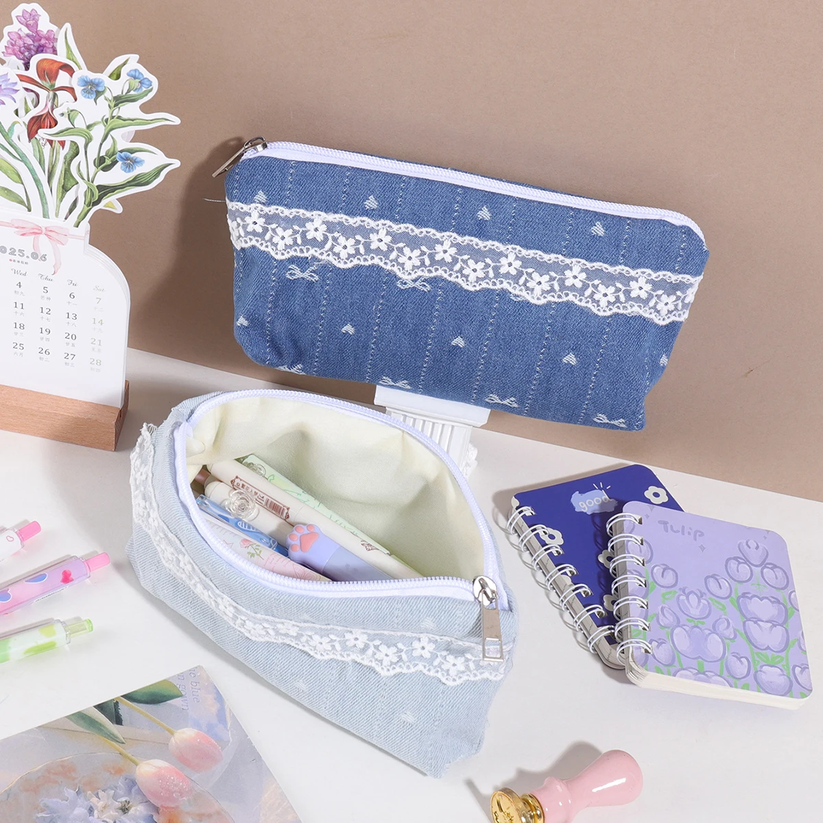 Federmäppchen mit floraler Spitze, für Studenten, Schreibwaren, tragbare Aufbewahrungstasche, Schulbedarf, große Kapazität, Stiftbox, Studenten-Organizer