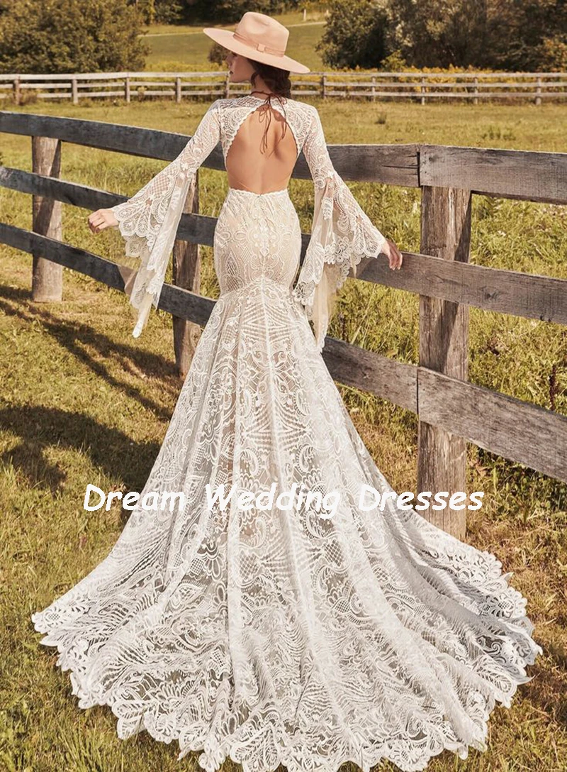 Robe de mariée bohème en dentelle à col rond personnalisée, robe de mariée sirène longue découpée, fente dos nu, patients Boho de plage, quoi que ce soit