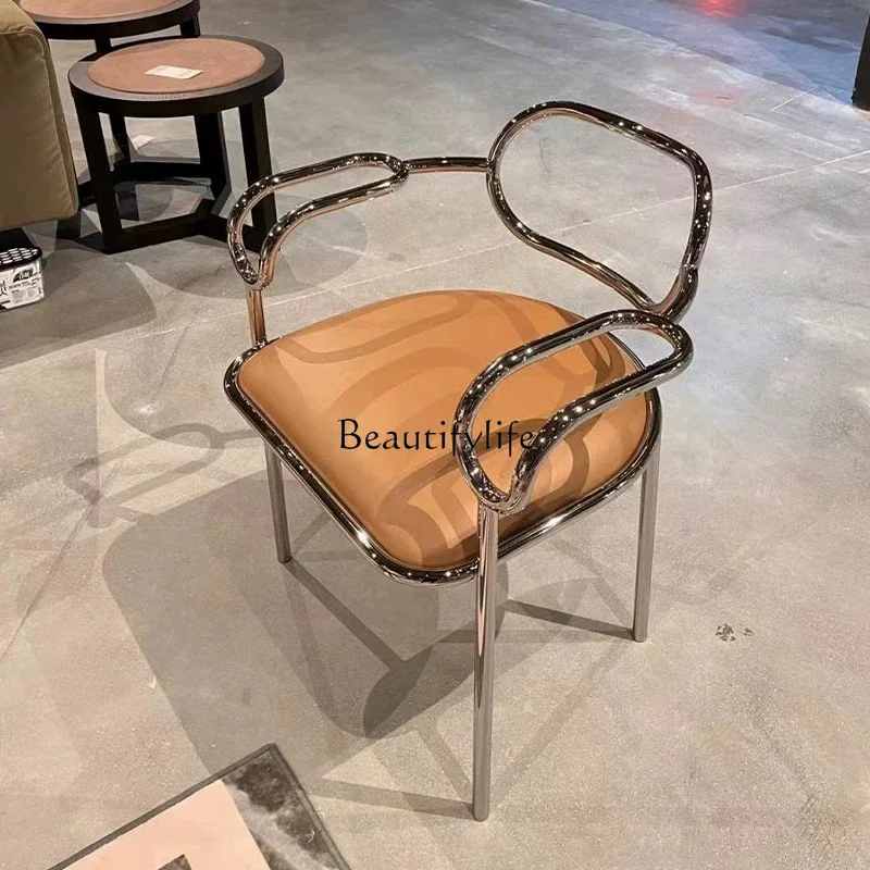 

4Italian minimalist dining chair household stainless steel light luxury leather chair backrest