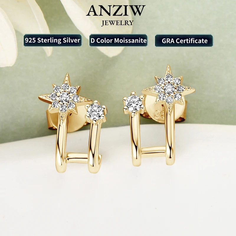 ANZIW 925 Sterling Silver Star Earrings Cuff Stud for Women Double Half Hoop  Round Cut Moissanite Earrrings 2024 Trend Jewelry