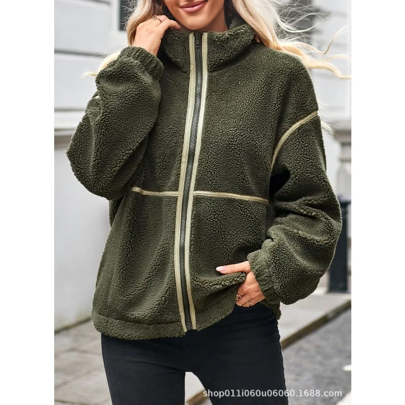 2025 Autumn and Winter Lamb Wool Coat Contrasting Color Stand-up Collar Casual Versatile Woolen Coat