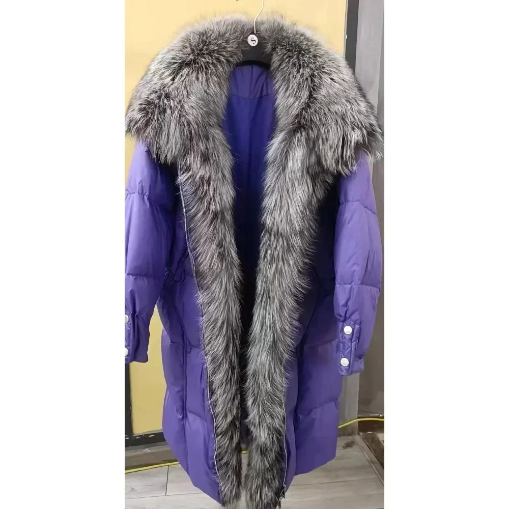 

2024 Women Winter Big Real Silver Fox Fur Collar 90% White Duck Down Jacket Long Thick Warm Luxury Parka Female Outwear