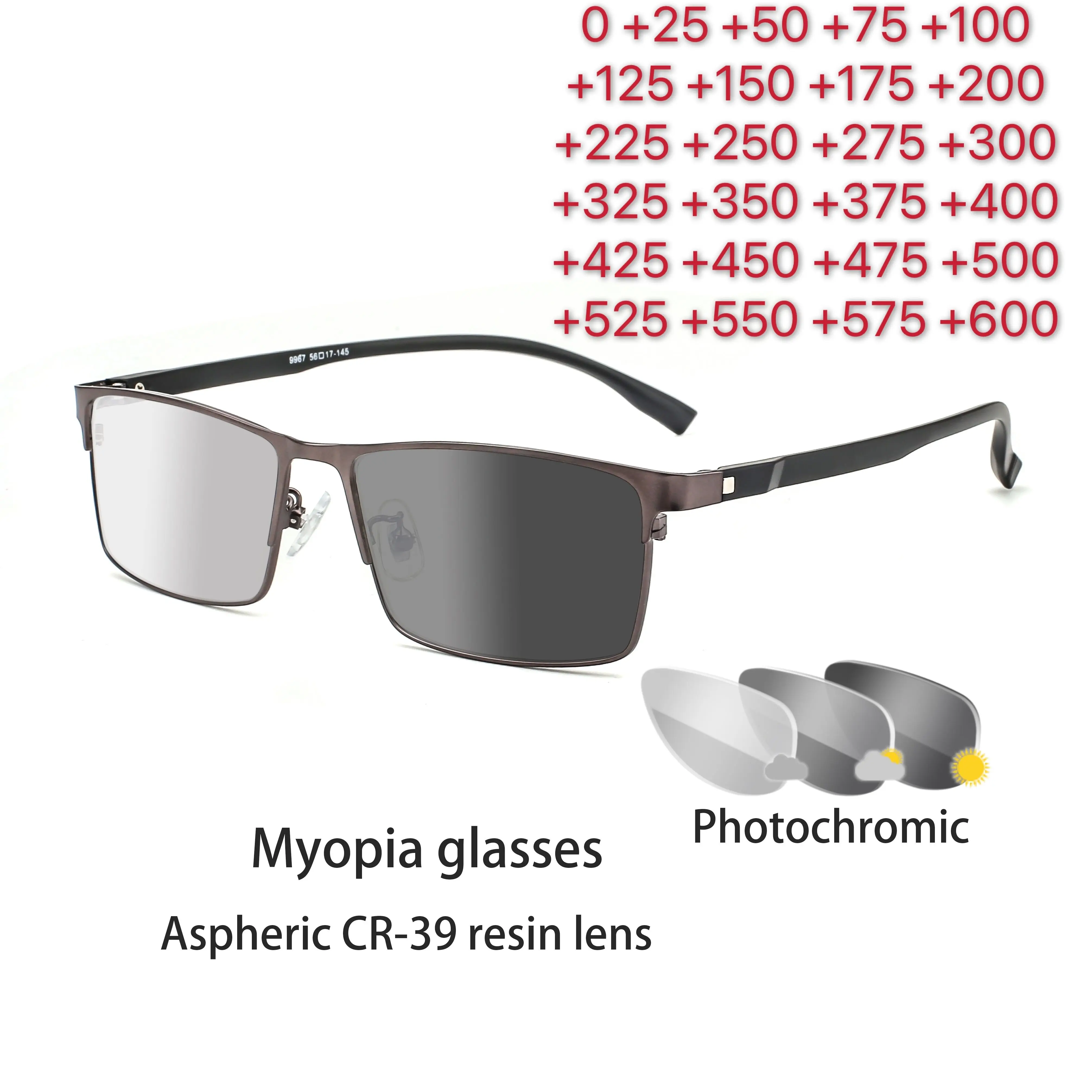 Metal alloyAlloy Photochromic Myopia Eyeglasses Women Men Prescription Spectacles Eyewear+0.5 +0.75 +1+1.25+1.5 +2 +2.5 +3.0+6
