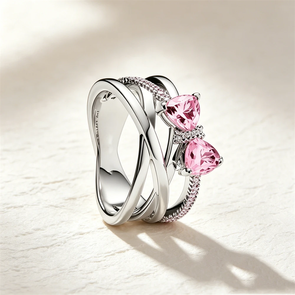 Women's 925 Silver Pink Blue Butterfly Love Ring