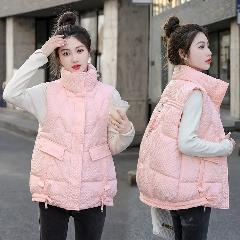 fashion Short Down padded Vest Women Autumn winter New Stand collar sleeveless Jacket Student Loose Cotton Waistcoat Female T581