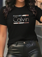 Calvi pattern round neck women T-shirt short sleeve fashion print half sleeve shirt stretch T-shirt