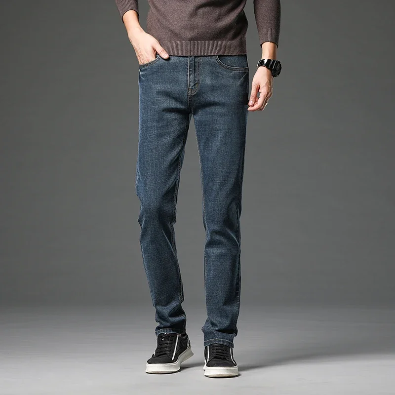 Vintage Classic Cotton Men\'s Casual Slim Jeans Stretch Straight Leg Versatile Fashionable Denim Long Pants Male Black Blue