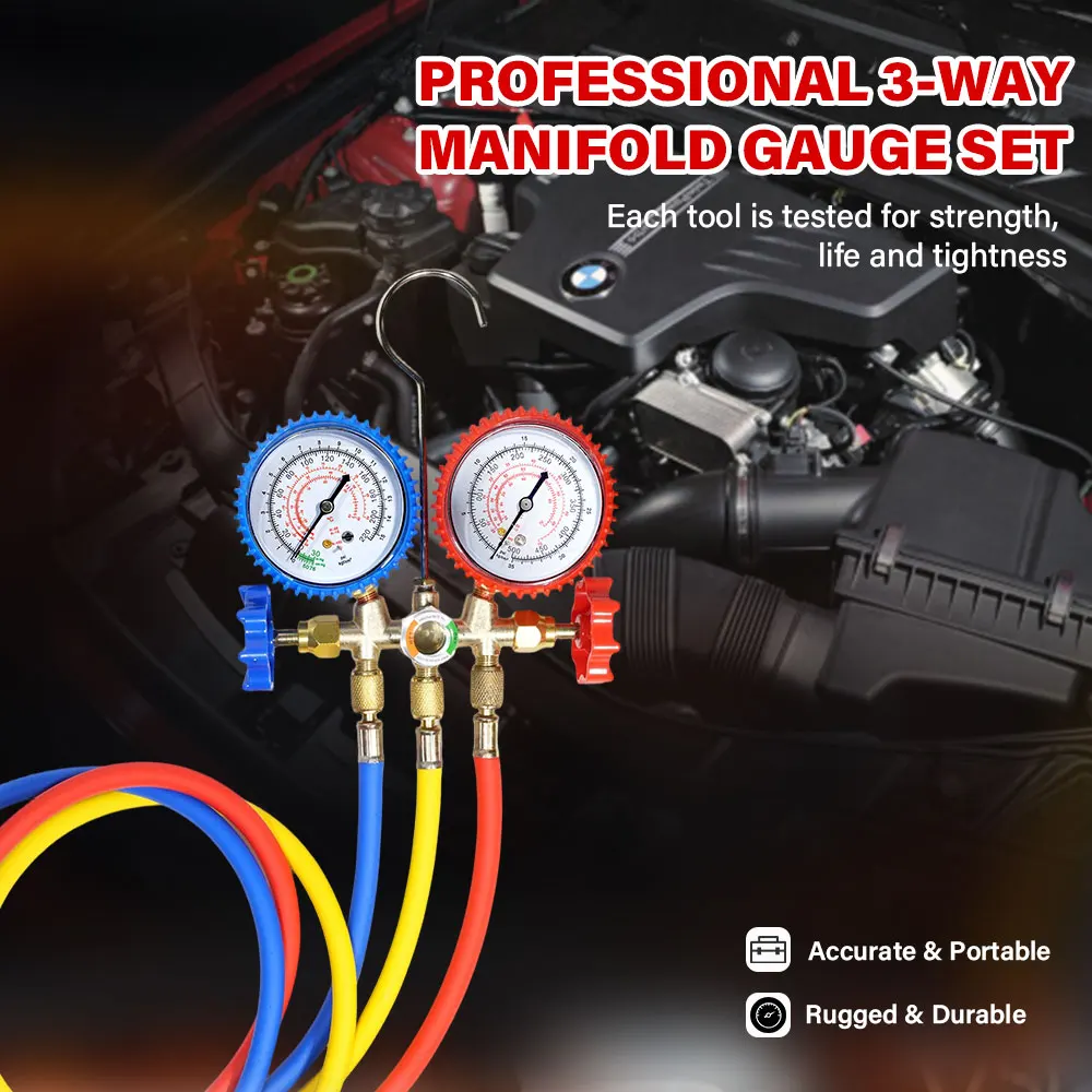 Mit 3 Schläuchen & Haken, 3-Wege-Kältemittel-Manometer, kompatibel mit R12/R22/R134a/R404A für Auto-/Haushaltsklimaanlagen