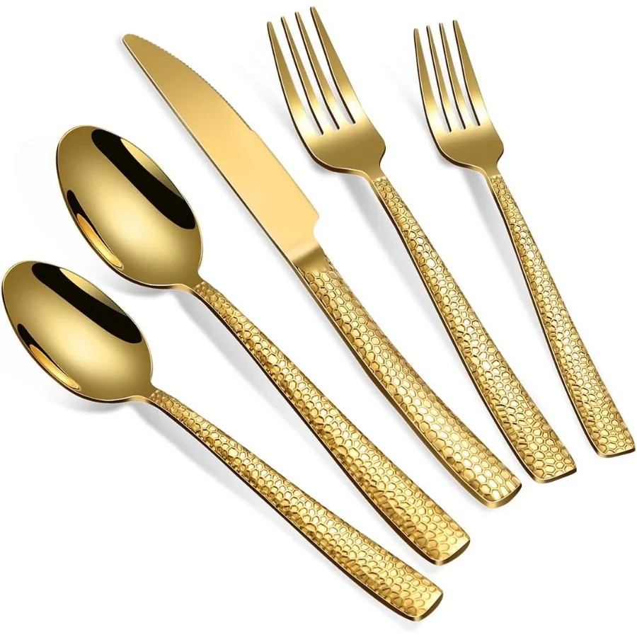 

40Piece Silverware Set Gold Hammered Stainless Steel Flatware Sets for 8 FoodGrade Tableware Set Including Fork Knife Spoon Set