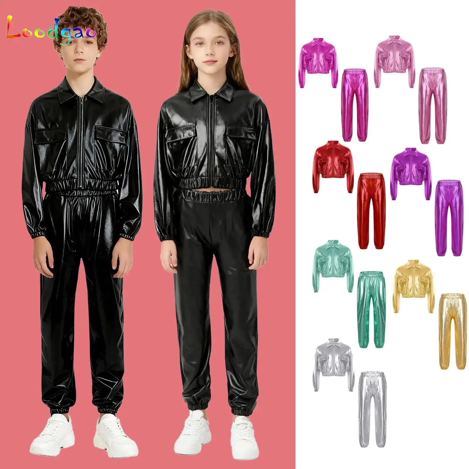 

Kids Boys Girls Hip-Hop Jazz Dance Performance Costume Set Metallic Long Sleeve Jacket Coat with Pants Modern Stage Dancewear
