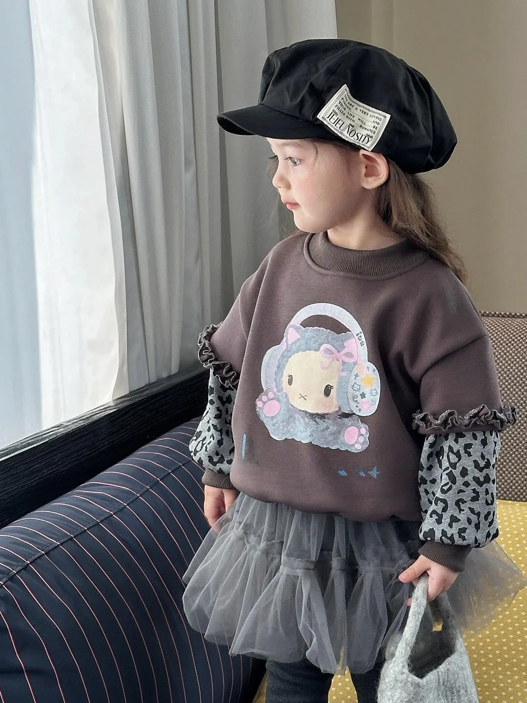 Girls Winter Thiened Warm Cartoon Sweatirt Fake Two-Piece Casual Faionable Children's Clothing Princ Sle Long Sve