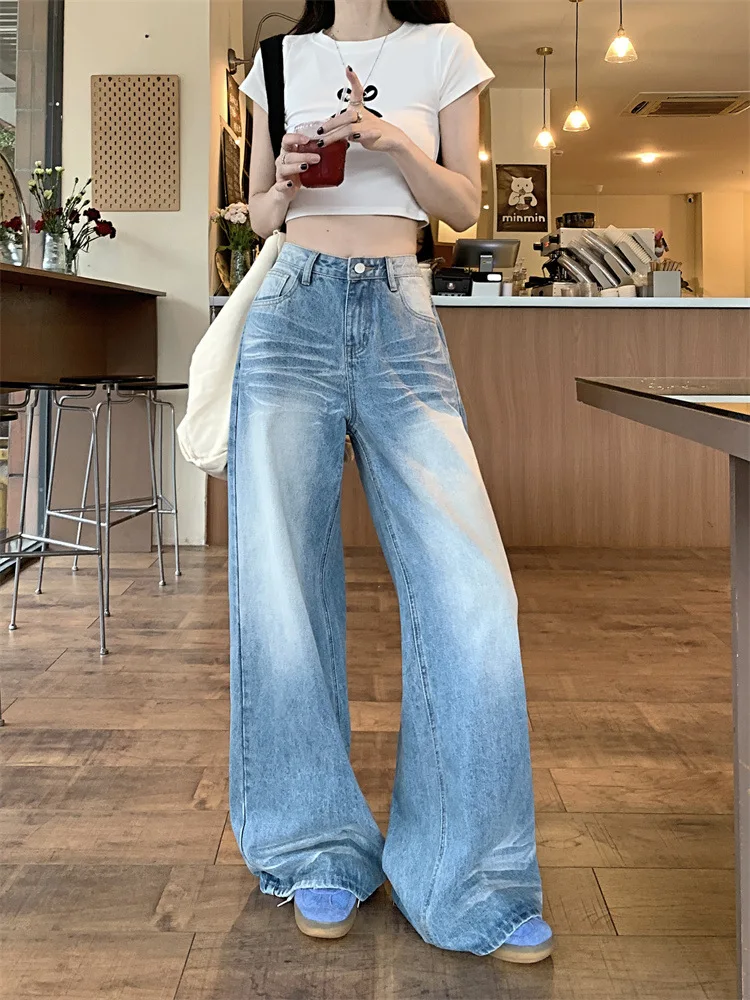 

Washed Vintage Crease Jeans for Women, Summer New Loose Straight Wide-Leg Pants