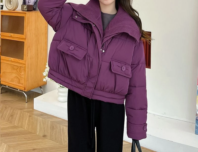 سترة قطن بياقة كبيرة للنساء طراز قصير لشتاء 2025 نمط جديد تصميم عصري وأنيق مع سميك وفضفاض #3