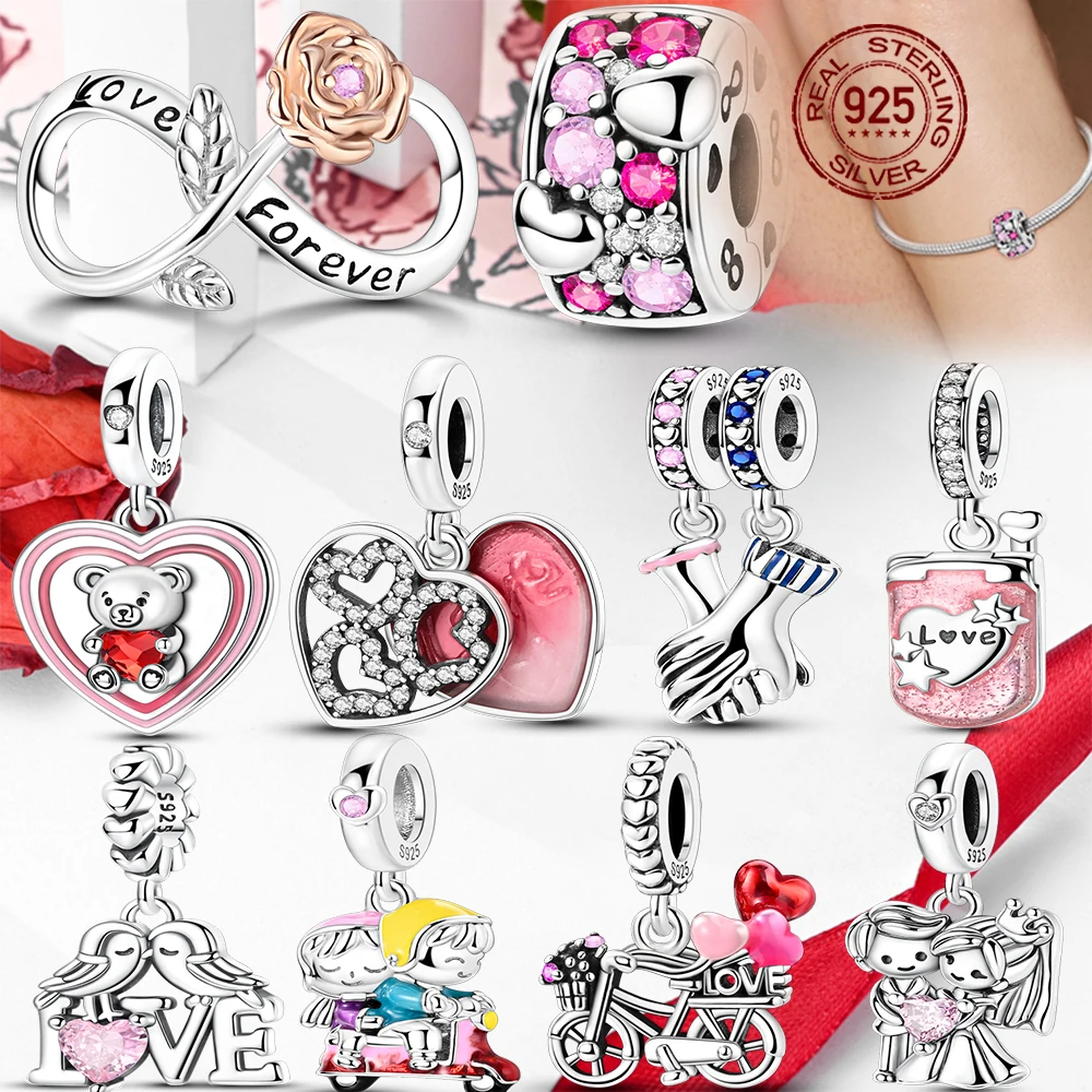 

Valentine's Day Original 925 Sterling Silver Charm Beads Love Heart Charms Pendant Fit Bracelet Charm Women DIY Jewelry Gift