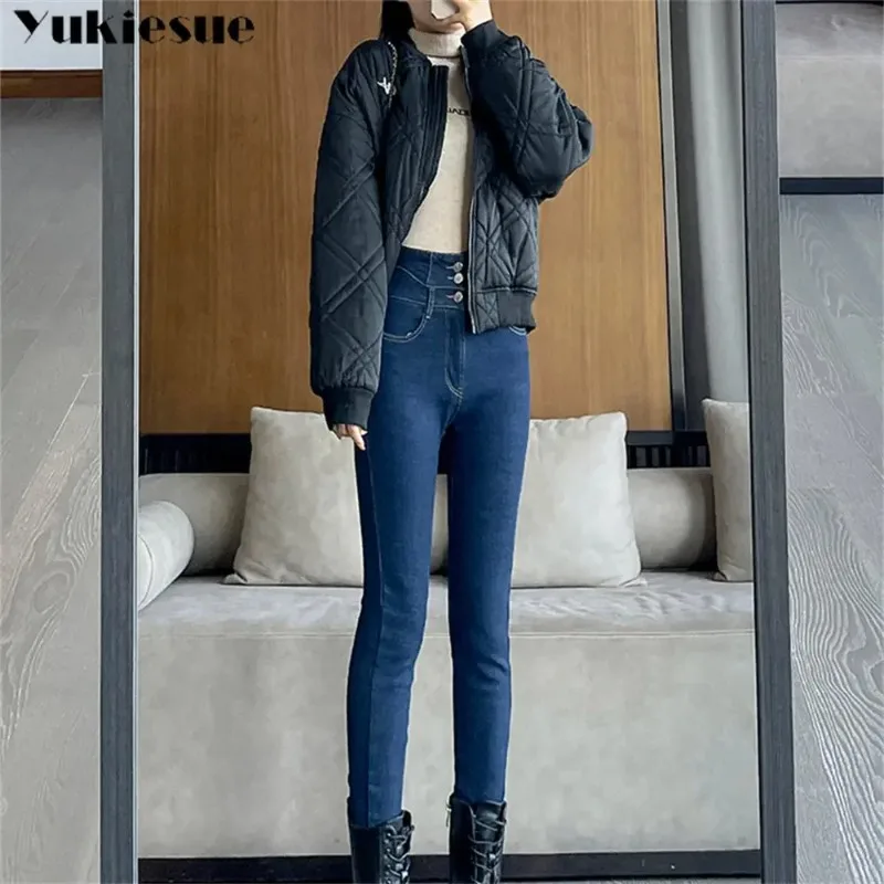 2025 Autumn Winter High Waist Warm Thickening Velve Denim Pencil Pants Skinny Slim Warm Trousers Female Women Fleece Jeans Pants