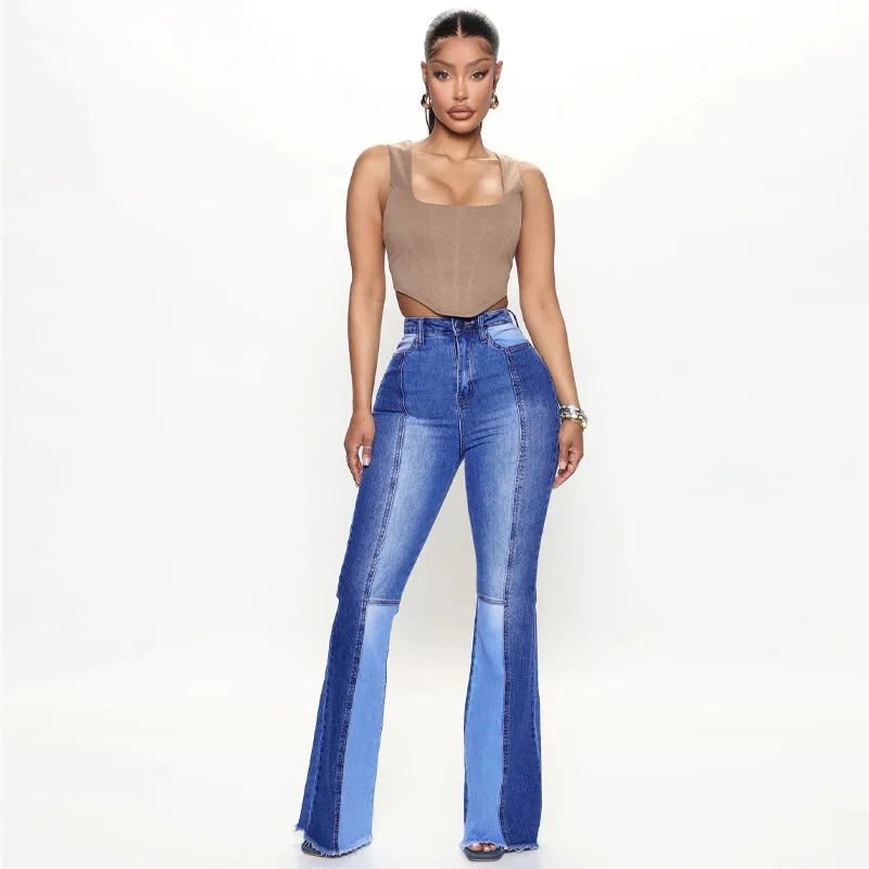 

Fall Women'S Denim Stretch Street Micro-Trumpet Pants Washed Fashion High Waist Bodycon Two-Color Patchwork Jeans Flare Pants