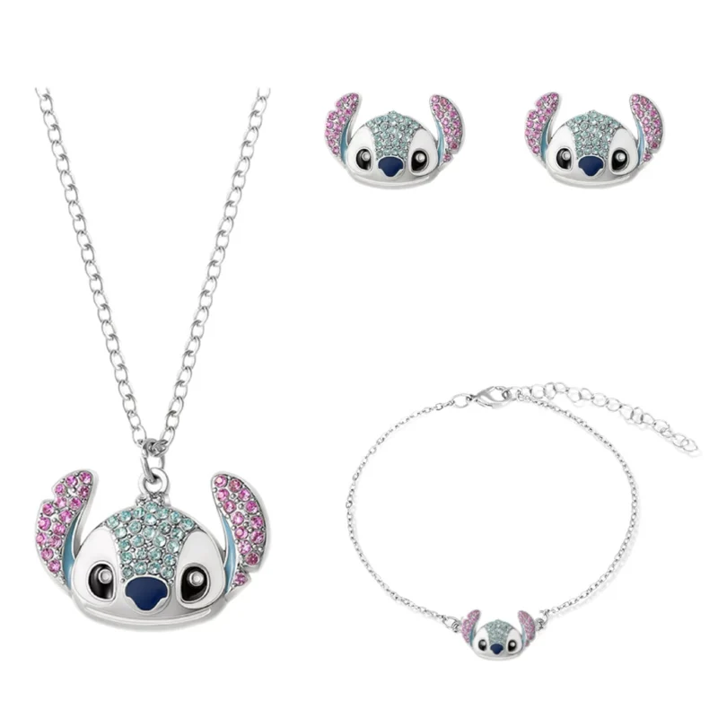 4PCS Disney Stitch Jewelry Set Moissanite Cartoon Design Necklace Bracelet Earrings for Women Cute Jewelry Accessories Gifts