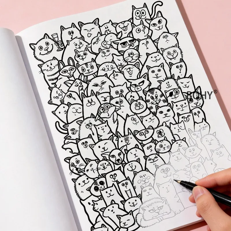 1 Large-sized Dense Graffiti Line Drawing and Coloring Brochure, with Cat Groups, Trendy Monsters, Healing Food and Other Themes