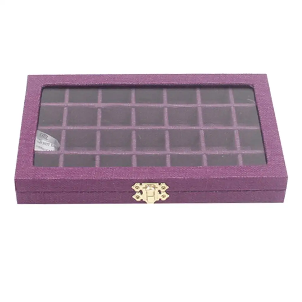 Sackcloth Linen Clear Lid Jewelry Tray Showcase Display Storage Box 28 Grids Sackcloth Jewelry Box Packaging