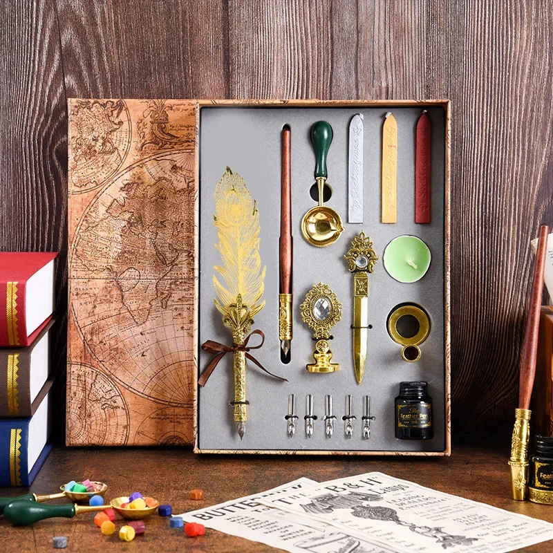 Juego de plumas creativas europeas, plumas de tinta retro para escribir, material escolar y de oficina, plumas mecánicas para sellar con cera.