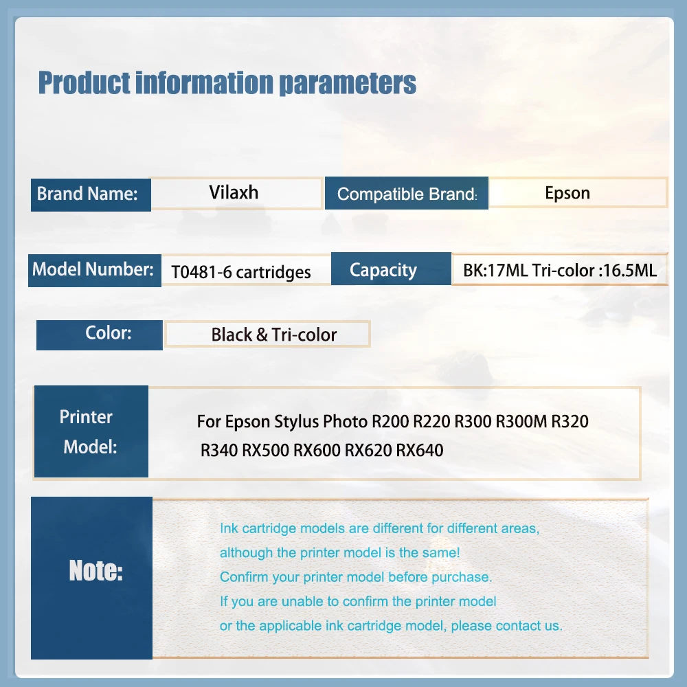 Vliaxh 6 Color Compatible Ink Cartridges for T0481 T0482 T0483 T0484 T0485 T0486 Stylus R290 R200 R300 RX500 RX620