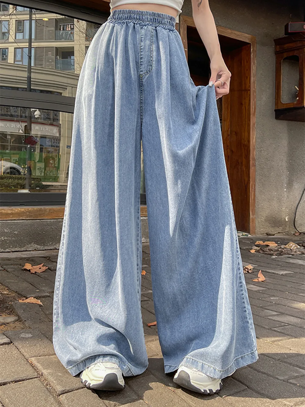 

High Waist Straight Leg Ice Silk Skinny Jeans Women's plus Size Summer Casual Loose Wide Leg Pants Trendy Pure Color Long Tro