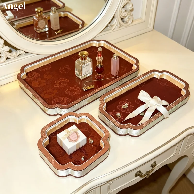 Palace Brocade Wood Jewelry Tray 3-Piece Set, Floral Corner Viewing Dish for Hand String Pendant & Beads, Eid Mubarak Prop
