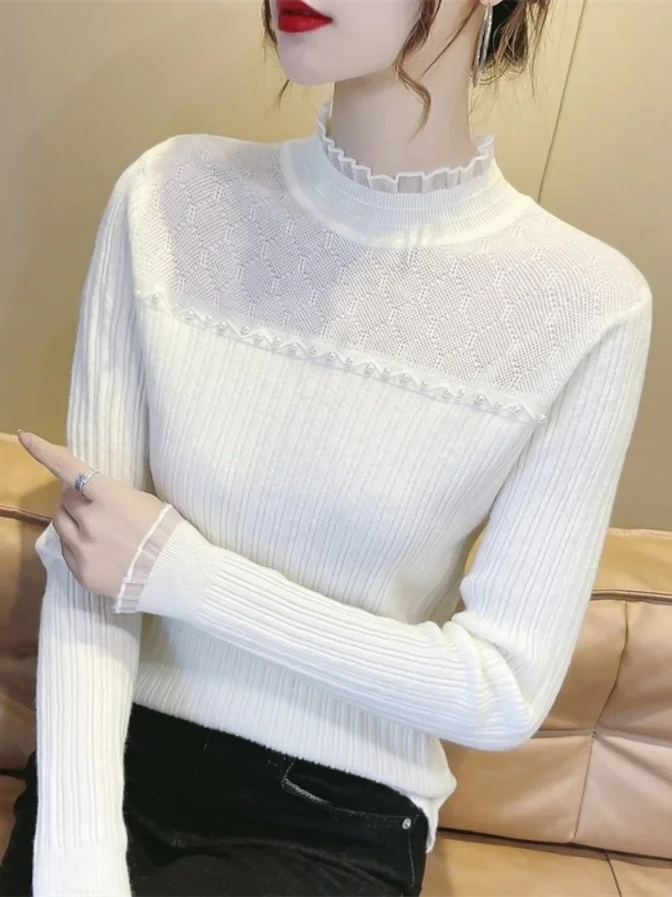 Fashion Autumn Half High Collar  Jumpers Female Long Sleeve Slim Women Basic Solid T-shirts Ladies Pearl Lace Knitted Pullovers