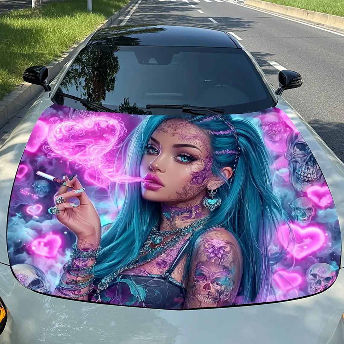 

Smoking Tattoo Girl Vinyl Wrap, PVC Waterproof Hood Sticker, Self-Adhesive Scratch- Stickers For Engine Cover, Decal For Trucks,