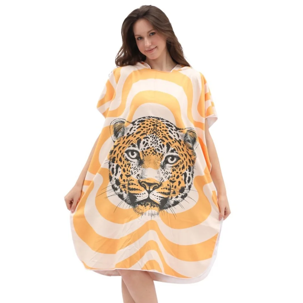 Tiger Leopard Printing Beach Towel Business Trip Toilet Wearable Hood Cloak Bathrobe Quick-dry Bath Towel Camping Beach Blanket