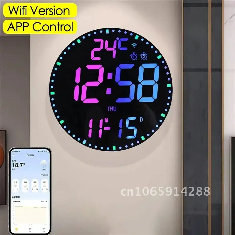 Digitale LED-Wanduhr mit zwei Alarmen, WLAN-App-Steuerung, Datum, kreatives buntes Display, elektronische Woche, Temperaturuhr, Weckerzeit