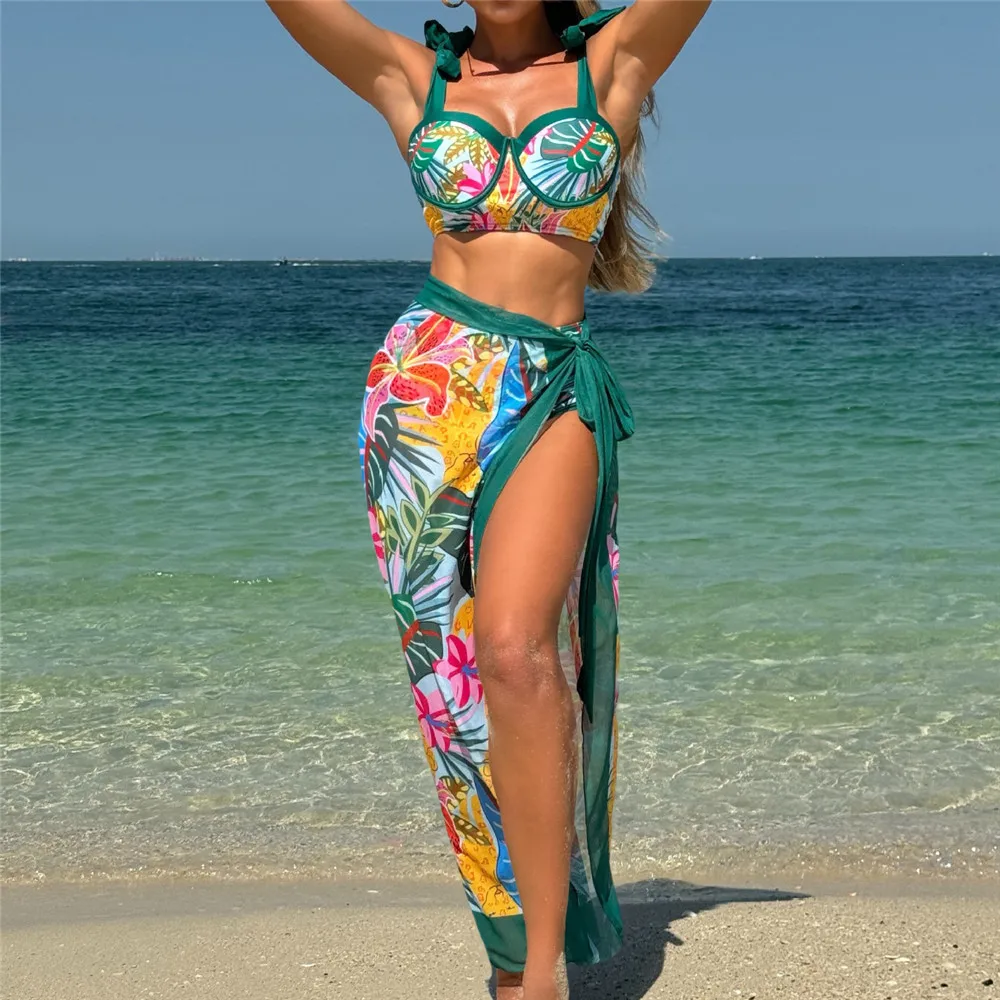 

Flower Print Push Up High Waisted Bikinis Sets 3 Piece Sexy Swimsuit Women Holiday Knotted Straps Swimwear Bather 2025 Beachwear