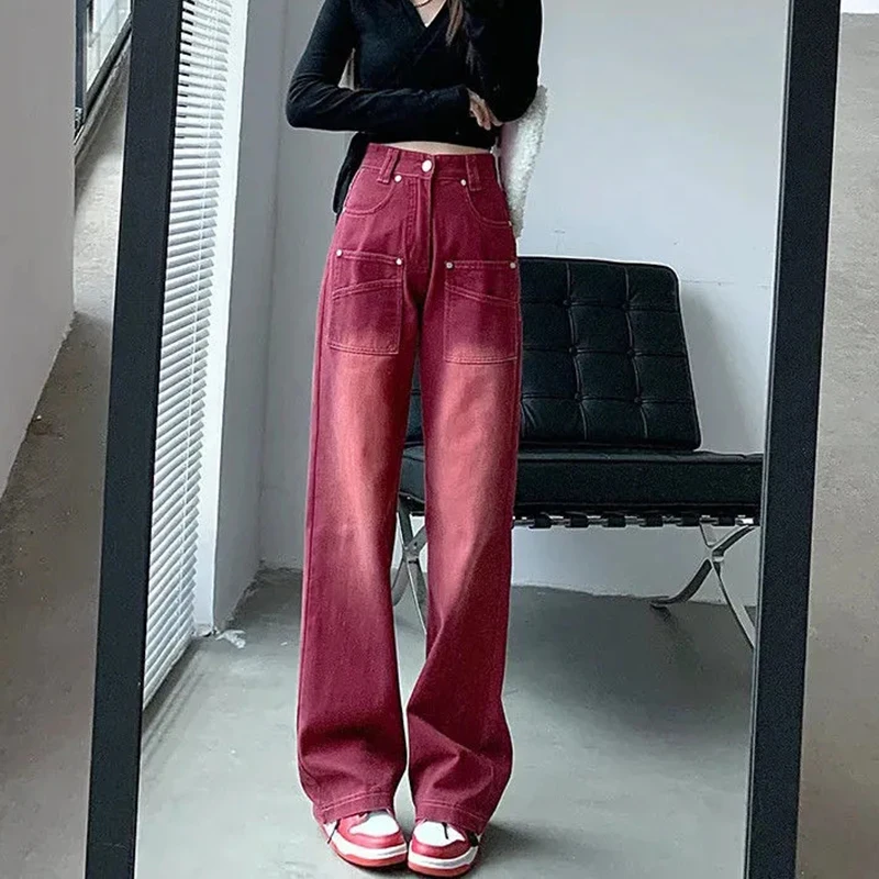 

Gidyq Vintage Women Jeans Korean All Match Streetwear Loose Denim Trousers Summer Casual Female Designed Pocket Wide Leg Pants