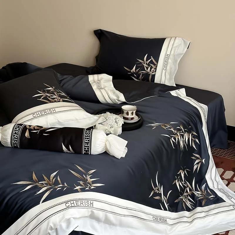 1000TC Egyptian Cotton Vintage Bamboo Leaves Embroidery Duvet cover Bed Sheet Pillowcases 4Pcs Navy Blue Patchwork Bedding set