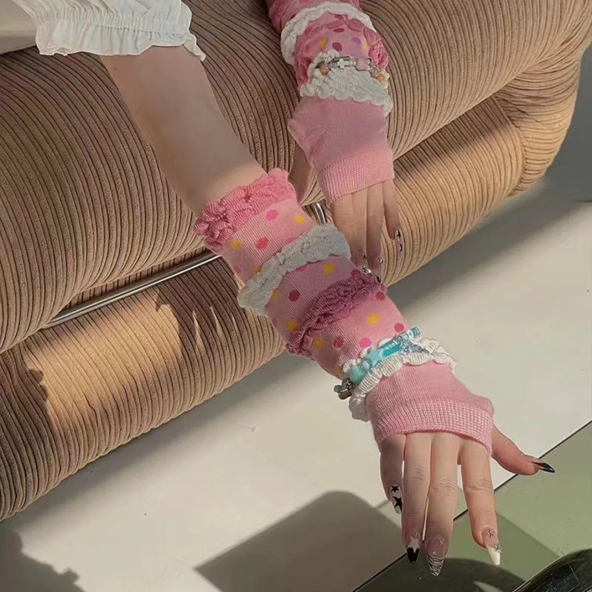 가을 소녀 스타일 시부야 스파이시 걸 Y2K 일본 귀여운 팔 보호 버블 슬리브 달콤한 니트 학생 컬러 장갑