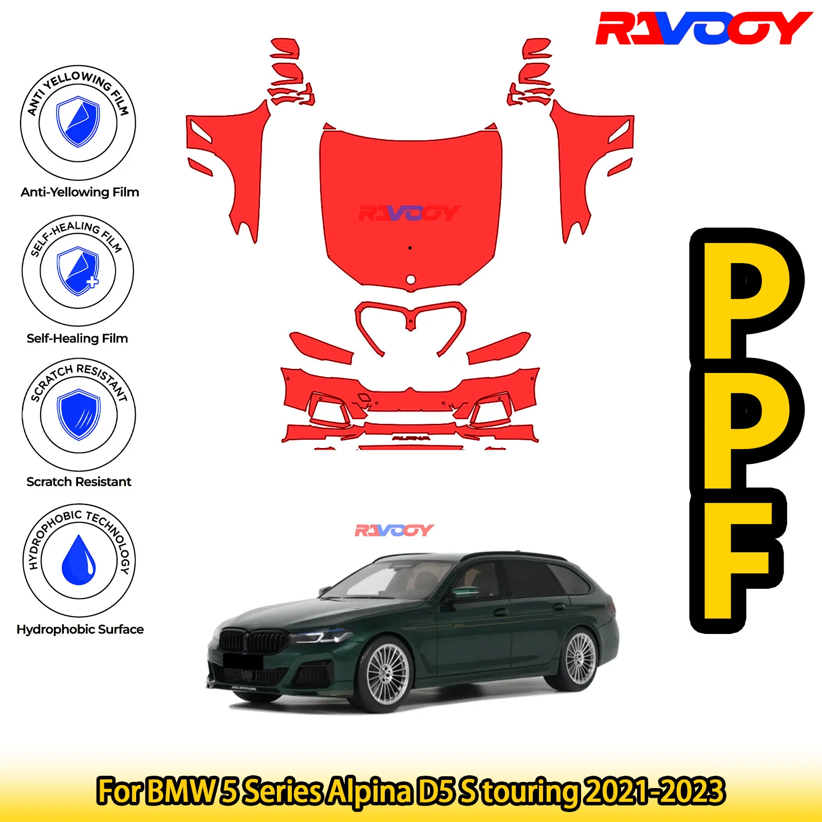 

Для BMW 5-й серии Alpina D5 S Touring 2021-2023, глянцевая матовая черная предварительно вырезанная передняя пленка PPF, комплект защиты от краски