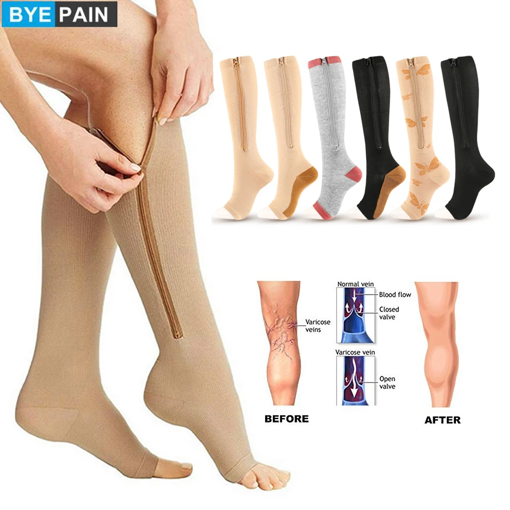 

BYEPAIN 1Pair/2Pair Zipper Compression Socks Function Slim Sleeping Beauty Leg Shapper Socks Prevent Varicose Veins Sport Socks