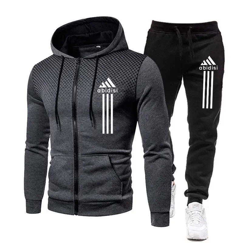 2024 men\'s autumn and winter new outdoor leisure fitness jogging sports suit zipper jacket hoodie + sports sweatpants two-piece